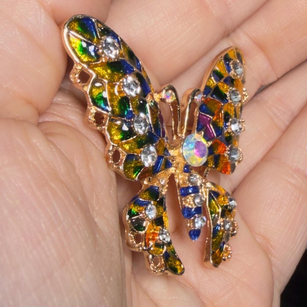 Butterfly Brooch Enamel Rhinestone Gold Tone Insect Pin 2" - Picture 3 of 5